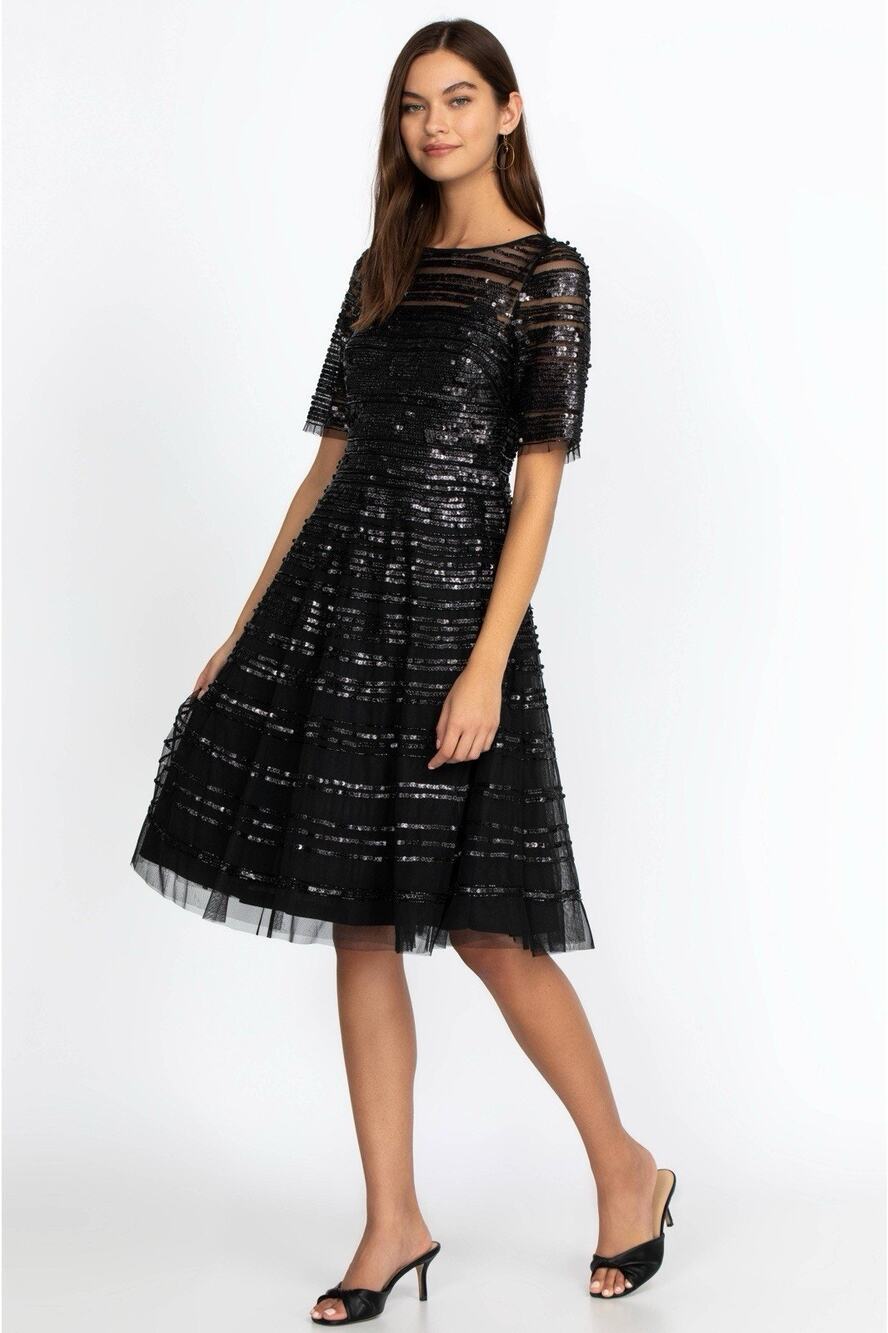 Johnny Was Black Beaded Sequin Mesh Midi Cocktail Dress Size 18